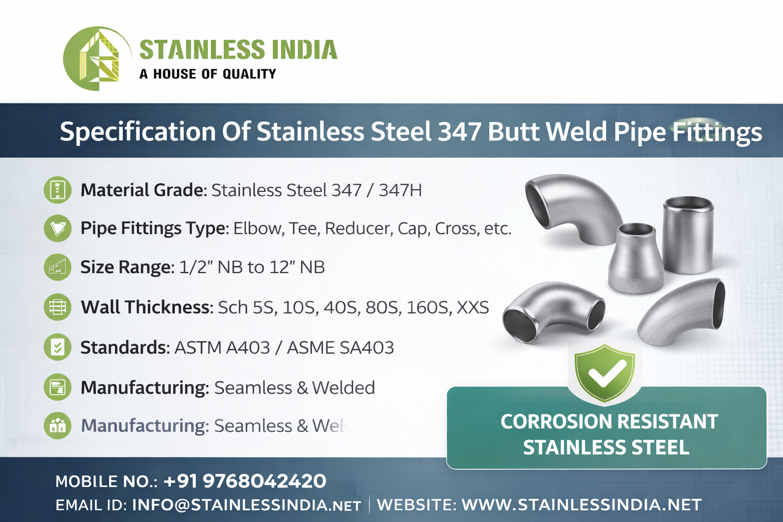 SS 347H Pipe Fittings for Refineries