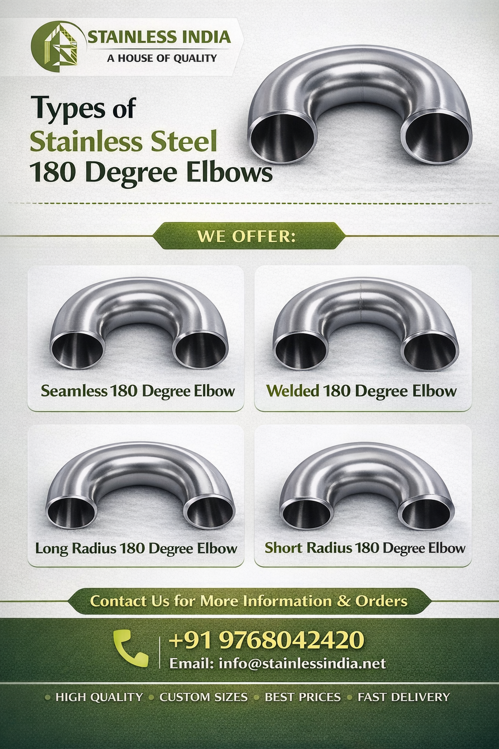Stainless Steel Long Radius 180 Degree Elbow