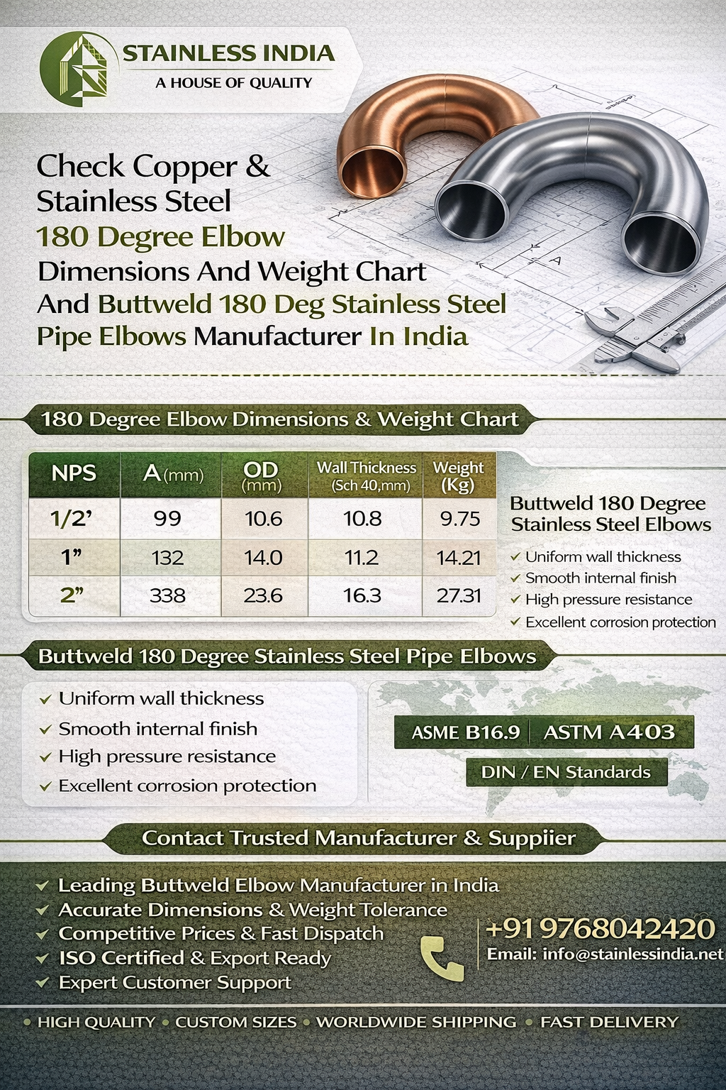 Seamless Stainless Steel 180 Degree Elbow